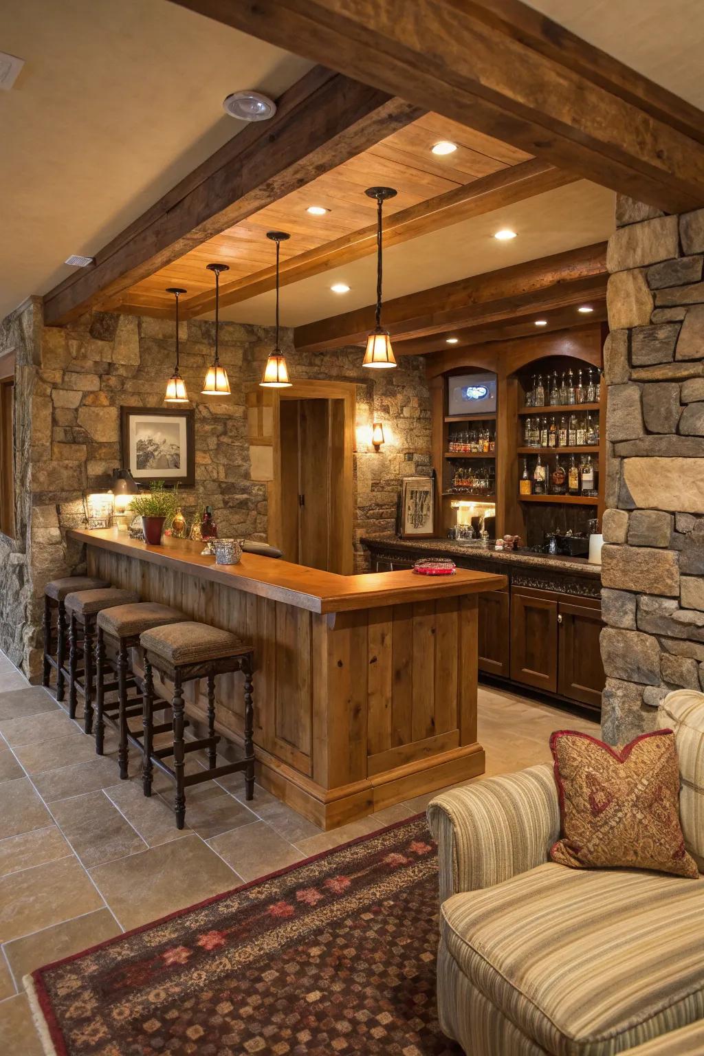A country home bar showcasing wooden and stone features for a comforting vibe.