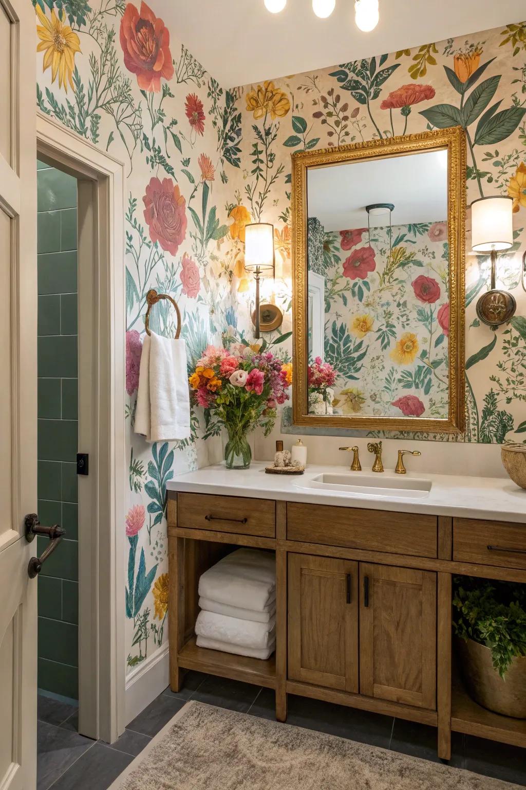 Botanical wallpaper enlivens any restroom with natural beauty and sophistication.