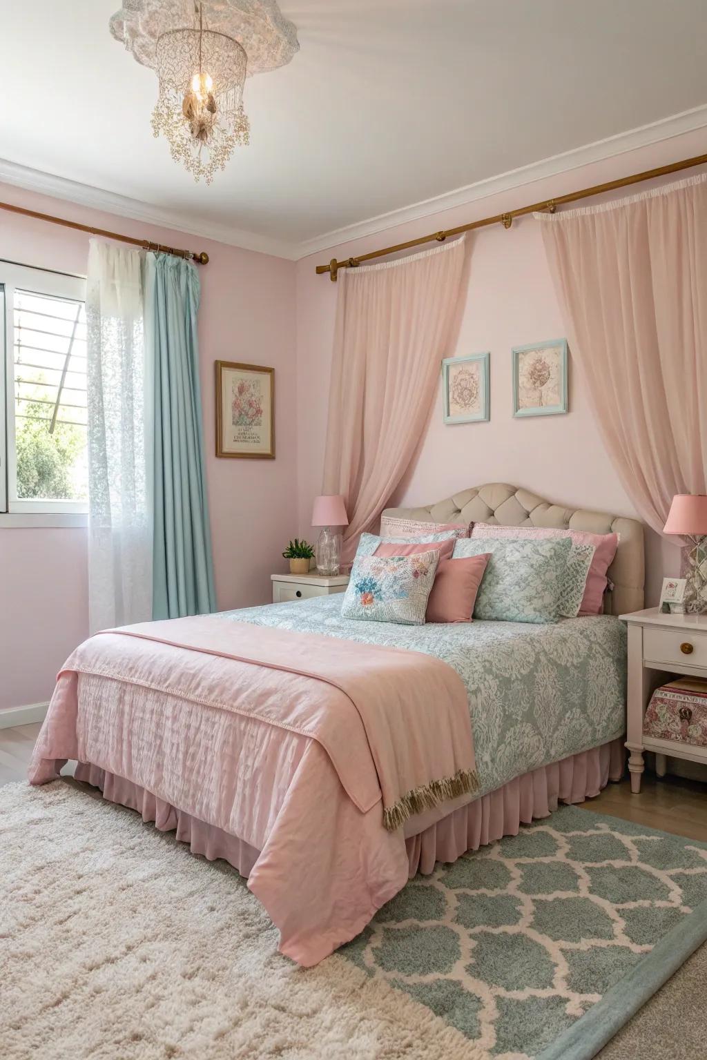 A serene, pastel-toned bedroom designed for sisterly harmony.