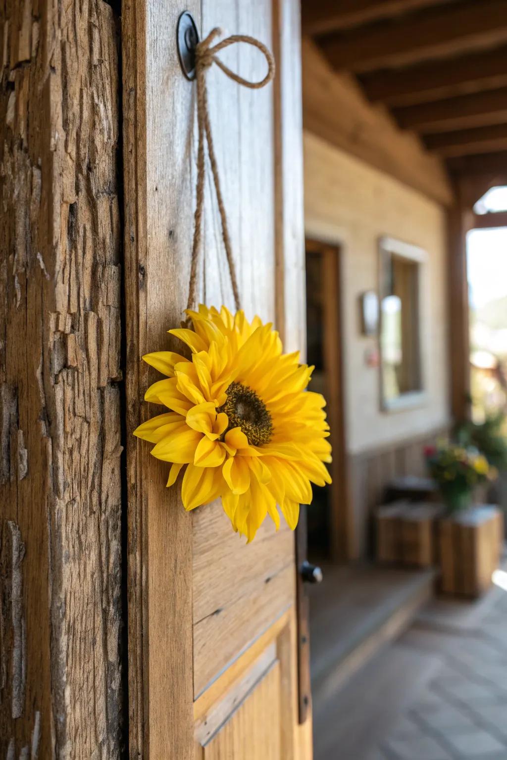 A lively sunflower door adornment that exudes comfort and delight.
