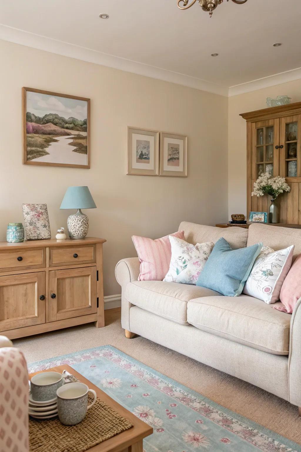 A living room showcasing a gentle color scheme of pastels and neutrals.