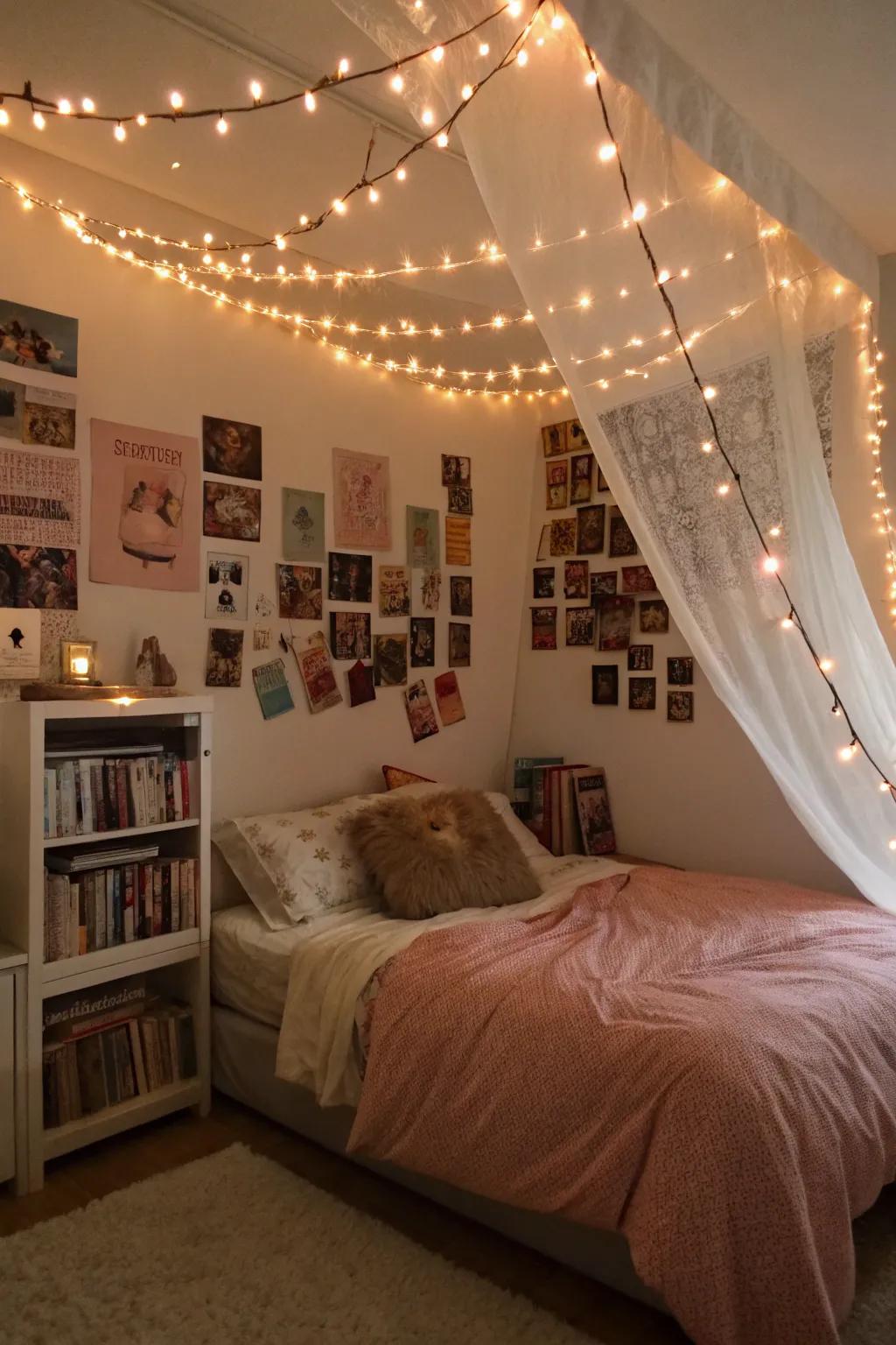Fairy lights creating a magical glow in a teen's room.