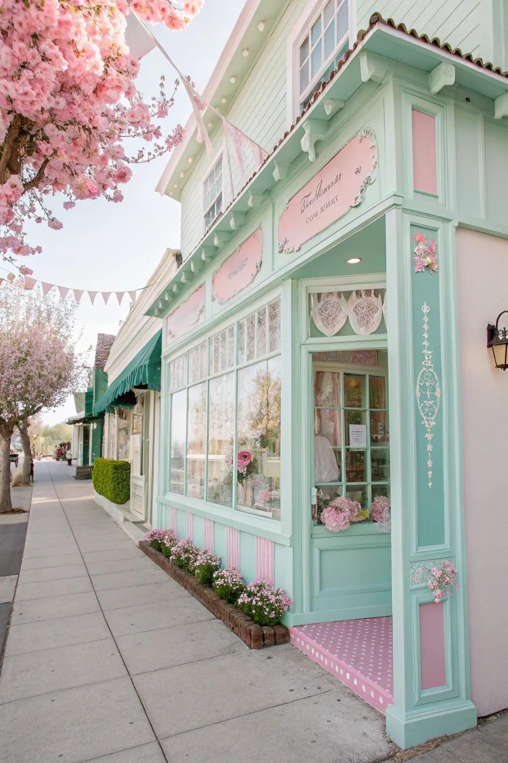 A storefront saturated with soft tones of mint and rose, radiating a fantastical charm.