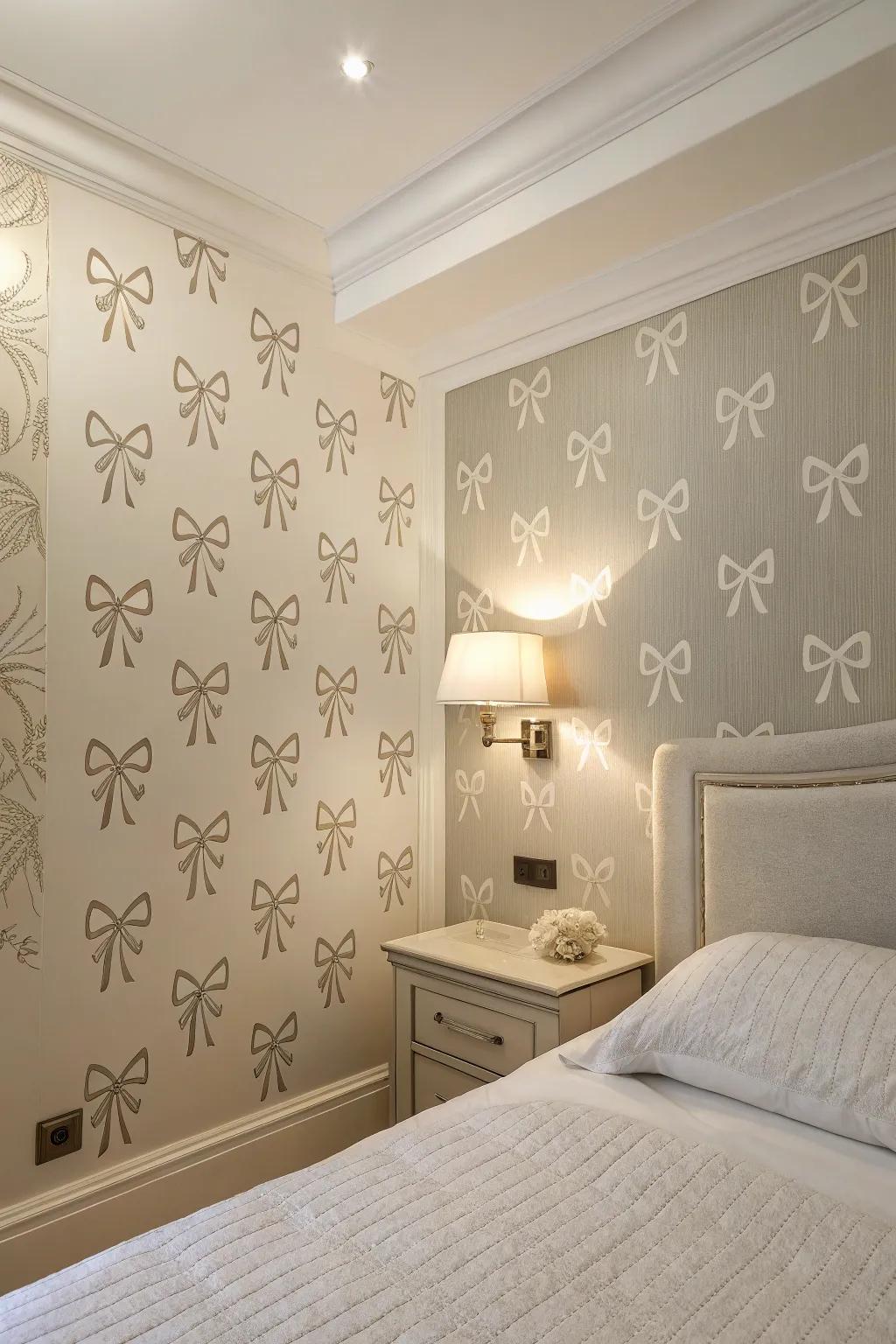 A bedroom wall adorned with a minimalist ribbon pattern wallpaper, creating a serene ambiance.