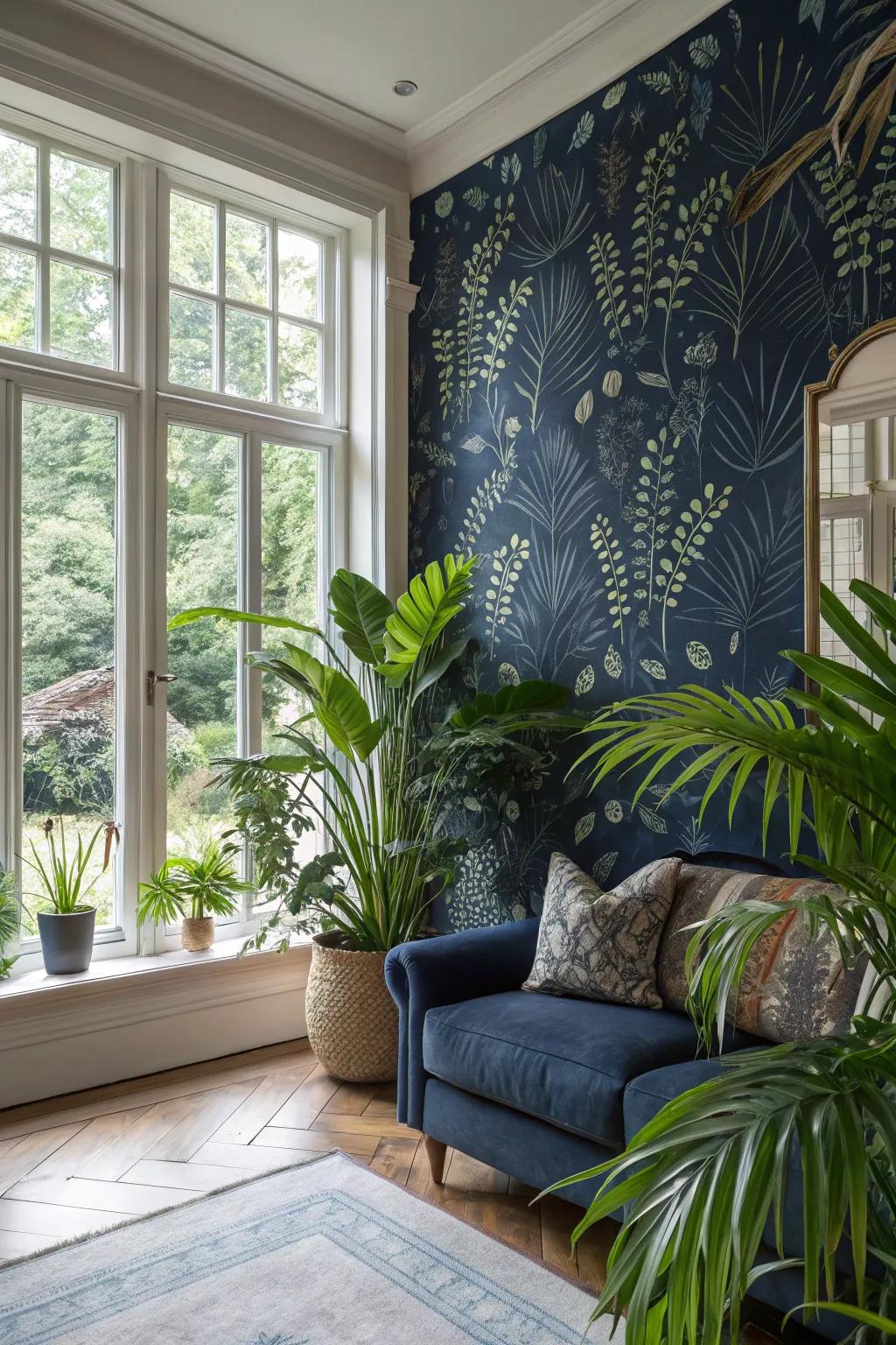 Invite the beauty of the outdoors in with botanical dark blue wallpaper.
