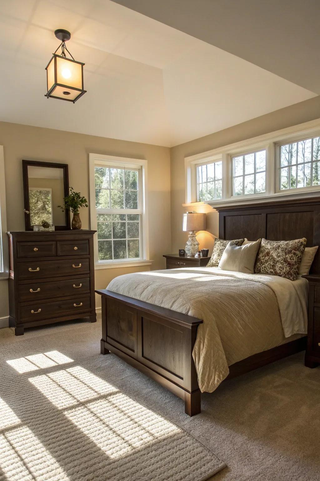 Pale walls bring attention to the depth of deep brown furniture, crafting a soothing visual harmony.