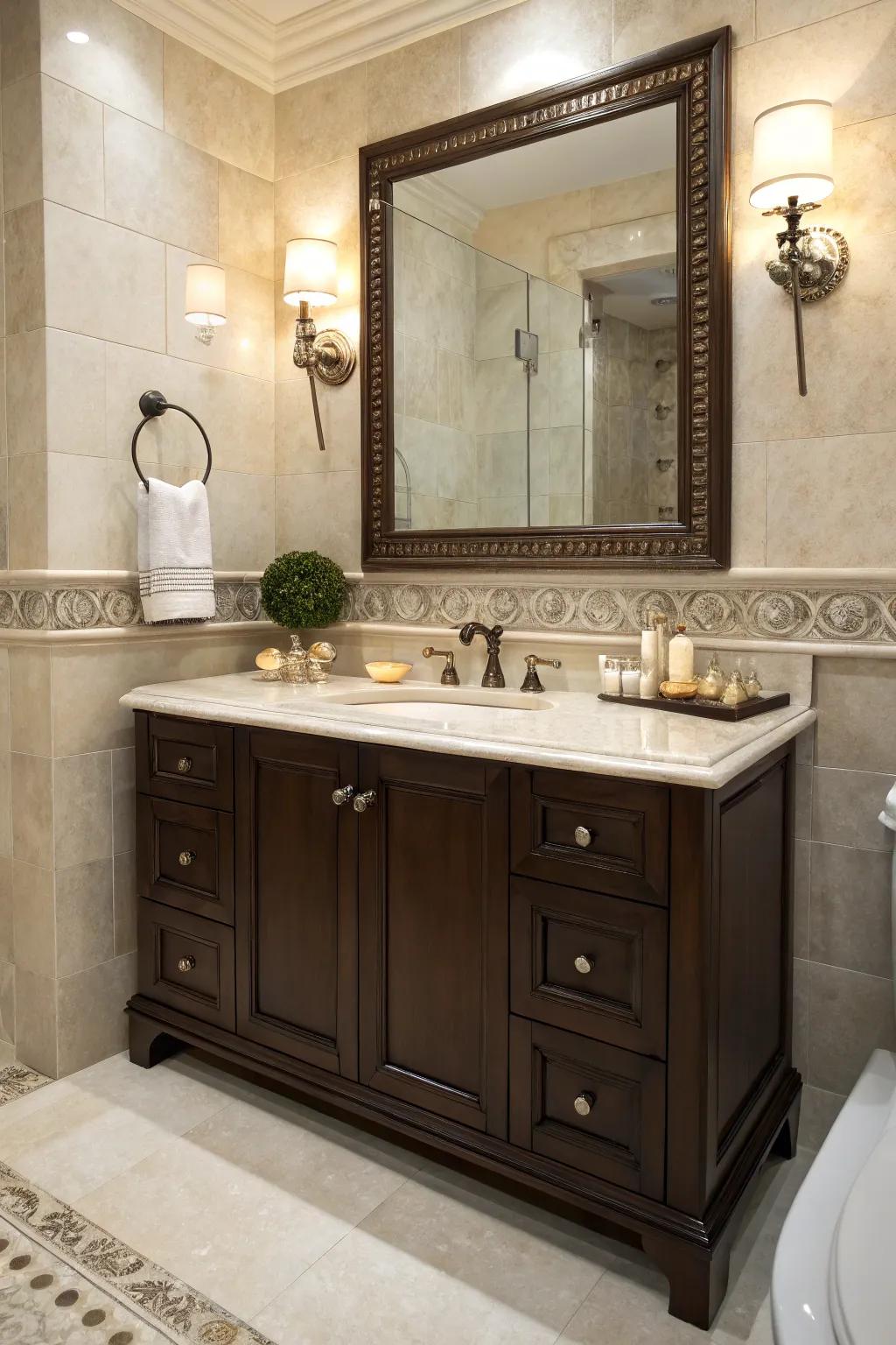 A timeless match: dark brown vanity meets light marble countertop.
