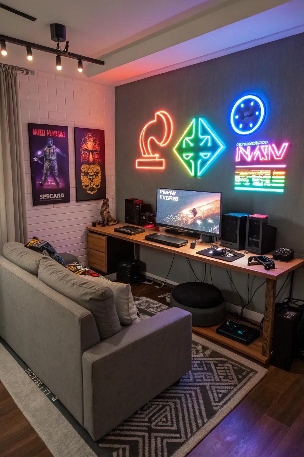 Intensify the atmosphere of your gaming room with intentionally positioned radiant diode strips and vibrant emblems.