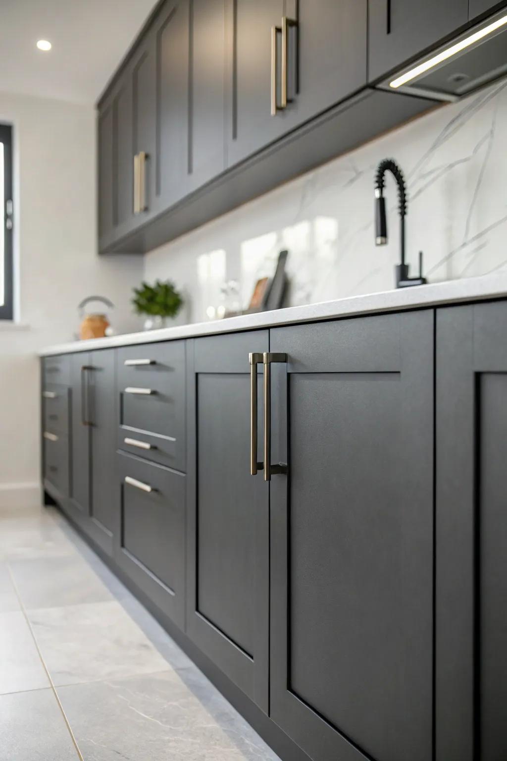 Minimalistic kitchen featuring deep charcoal cabinets, creating a neat and peaceful setting.
