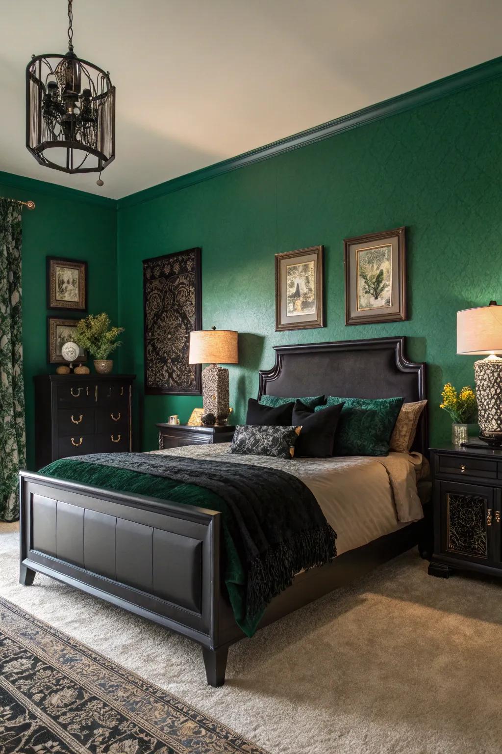 An emerald green accent wall paired with sleek black furniture.