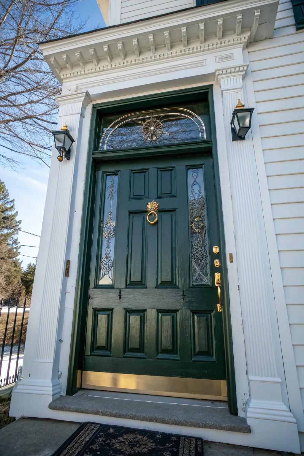 A classically designed paneled door in deep green complemented by exquisite brass details.
