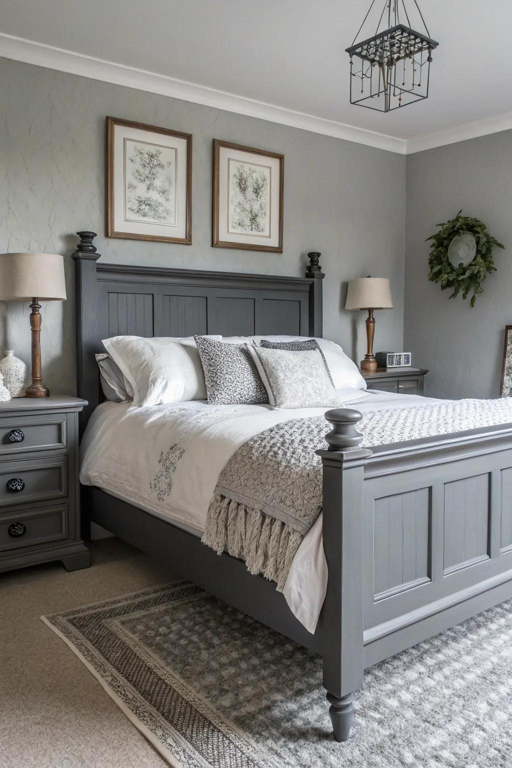 A monochrome bedroom featuring a dark grey bed frame, projecting tranquility and refinement.