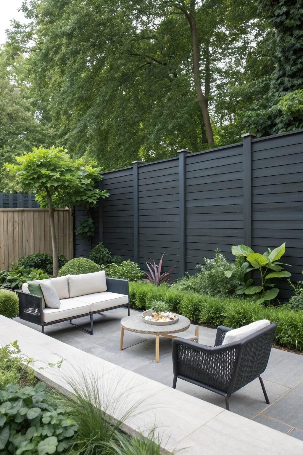 A minimalist garden showcasing a deep charcoal boundary with clean lines and modern furniture.