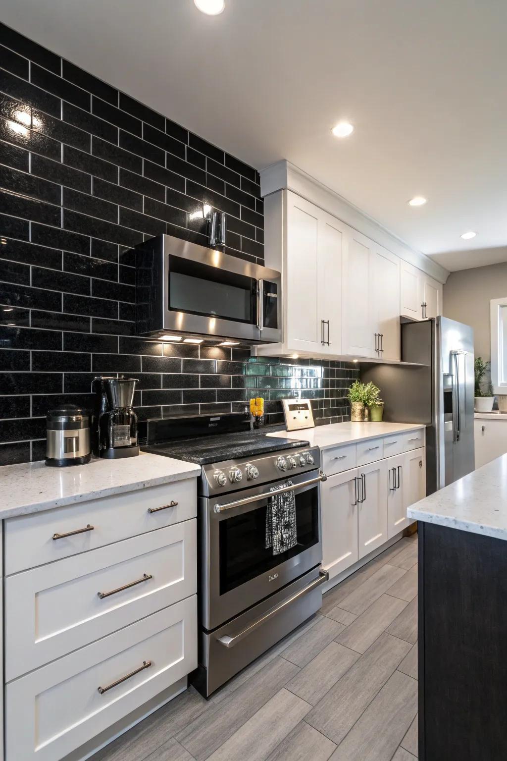 An elegant kitchen showcases a black rectangular tile backsplash paired with gleaming stainless steel appliances.