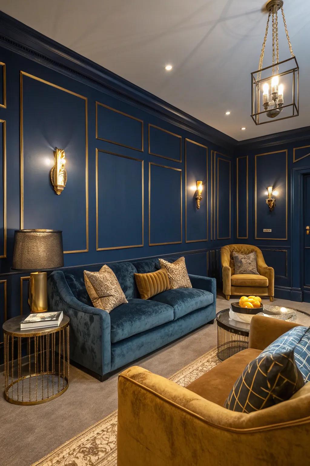 A dimly lit living area showcasing walls painted in deep azure, complemented by golden decor accents.