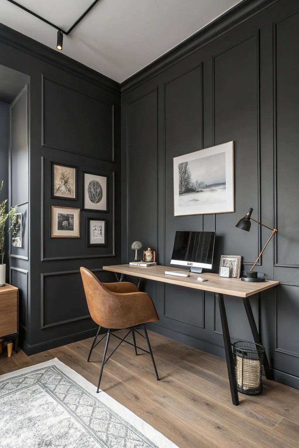 Profound charcoal walls usher drama and sophistication into the office.