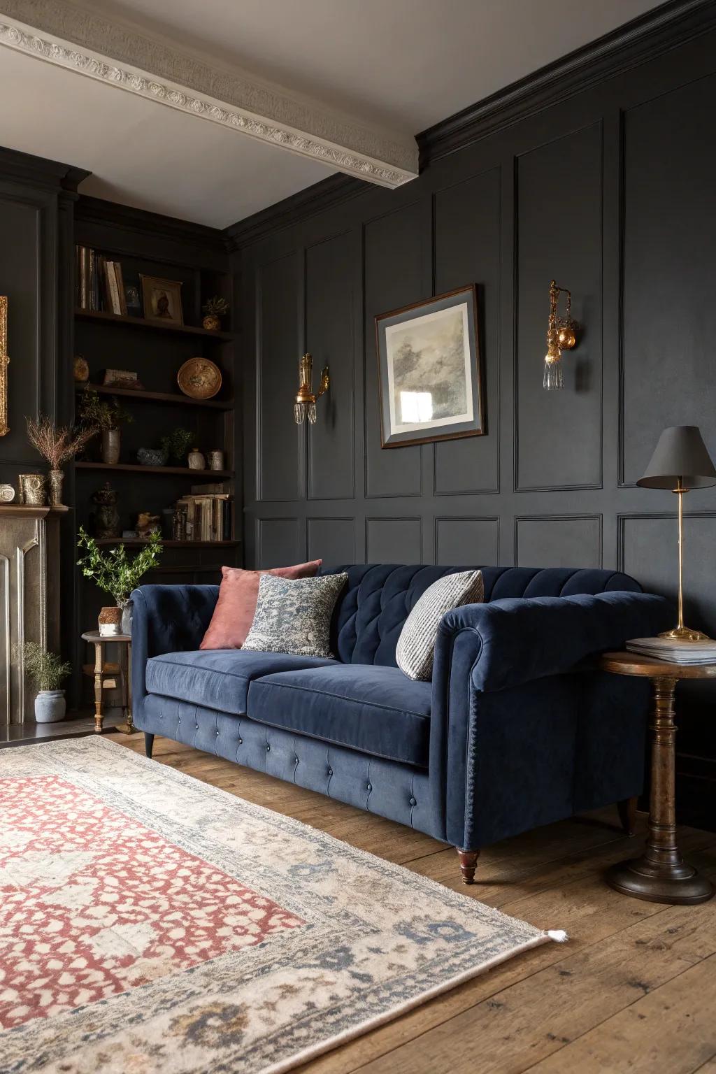 A living room showcasing slate walls and a midnight blue velvet couch.