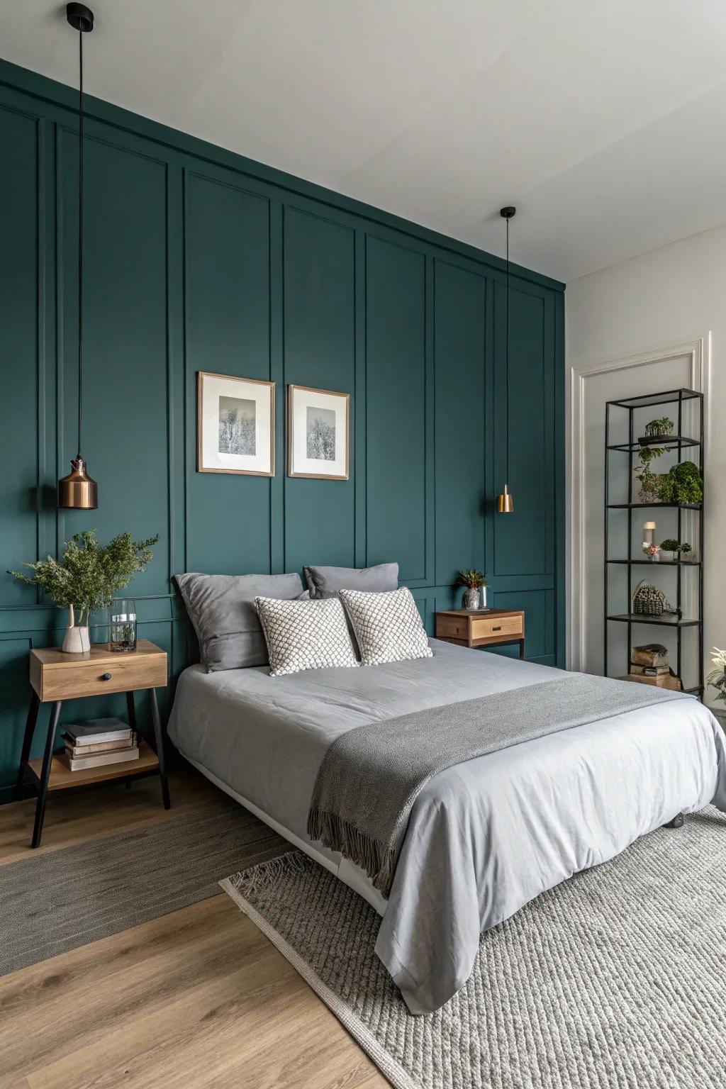 A dark teal accent wall adds depth and sophistication.