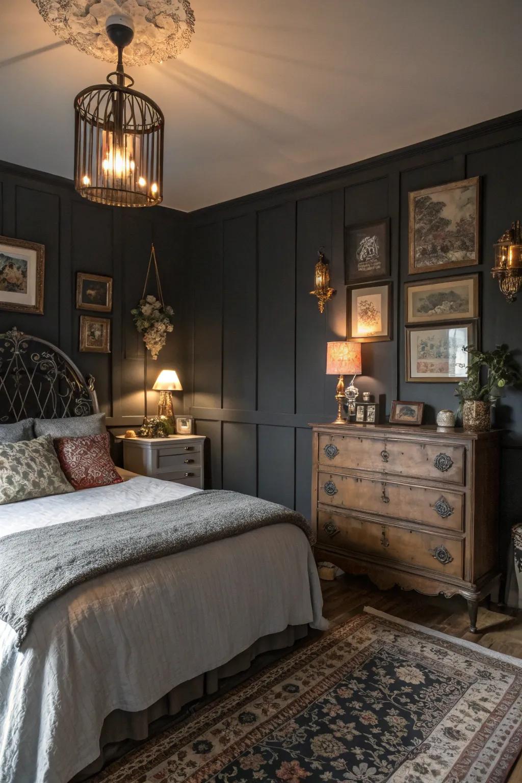 Deep charcoal walls offer a dramatic, yet peaceful setting for a bedroom inspired by vintage aesthetics.