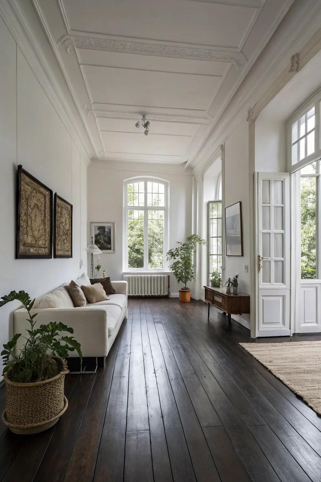 A minimalist sanctuary where the elegance of <strong>dark wood floors</strong> meets the purity of white walls.&rdquo; loading=&rdquo;lazy&rdquo; class=&rdquo;pimg&rdquo;>
	</picture><figcaption>A minimalist sanctuary where the elegance of <strong>dark wood floors</strong> meets the purity of white walls.</figcaption></figure>
<p>I find immense satisfaction in contrasting <strong>dark wood floors</strong> with pristine white walls. This method ensures the room remains airy and accentuates the floor as the centerpiece.</p>
<h3>Give these a look:</h3>
<ul class=
