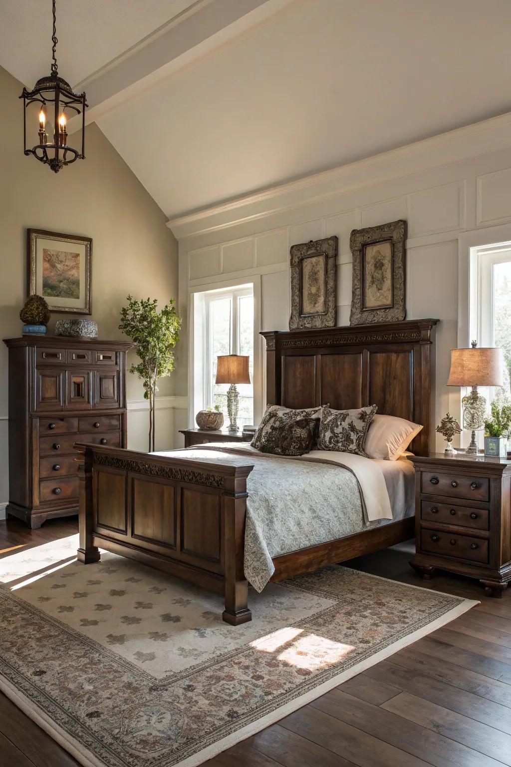 Pale walls offer a beautiful backdrop for dark wood furniture, creating visual harmony.