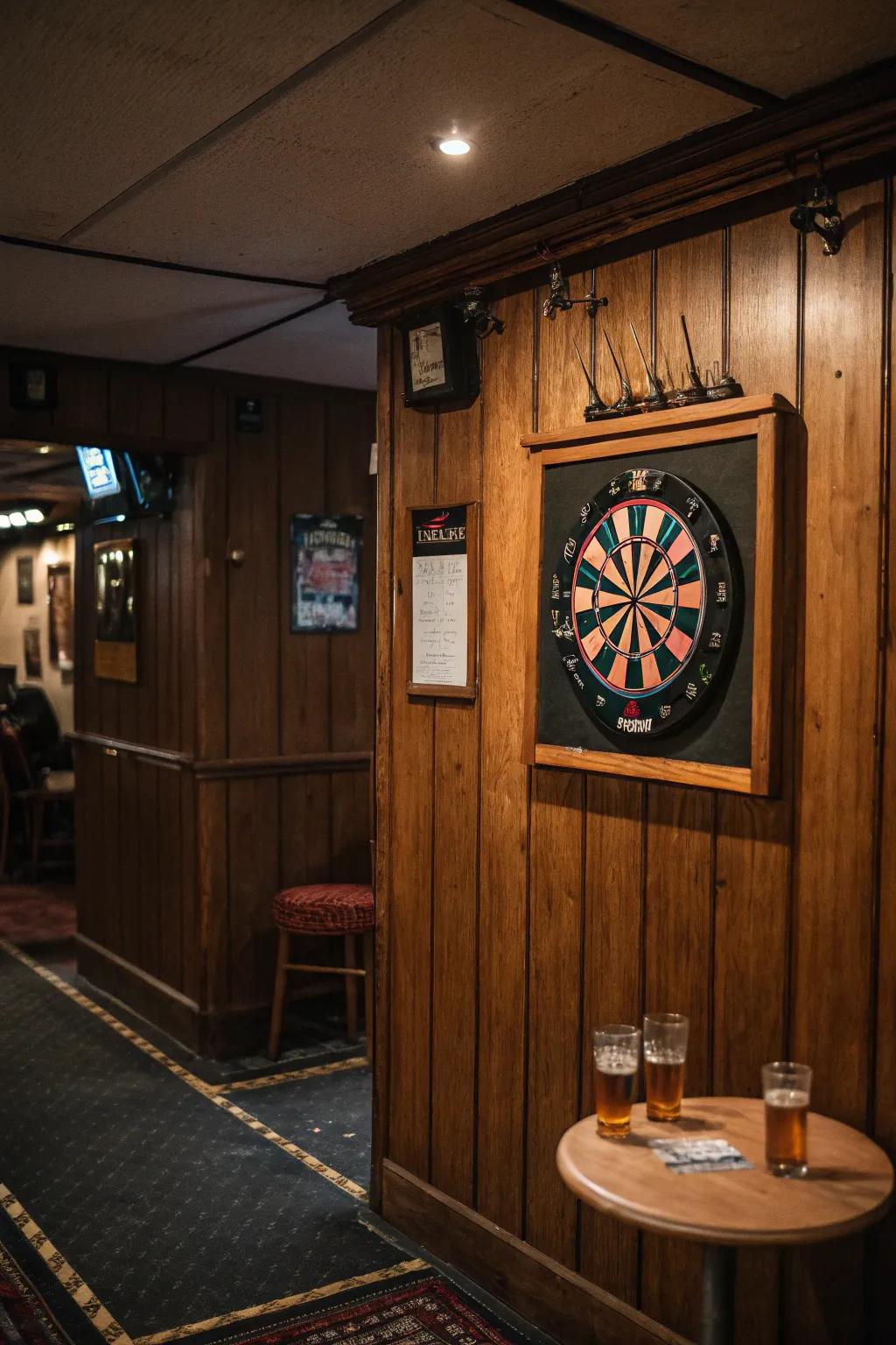 Textured wood panel walls provide comfort and enhance the focal point of your dart room.