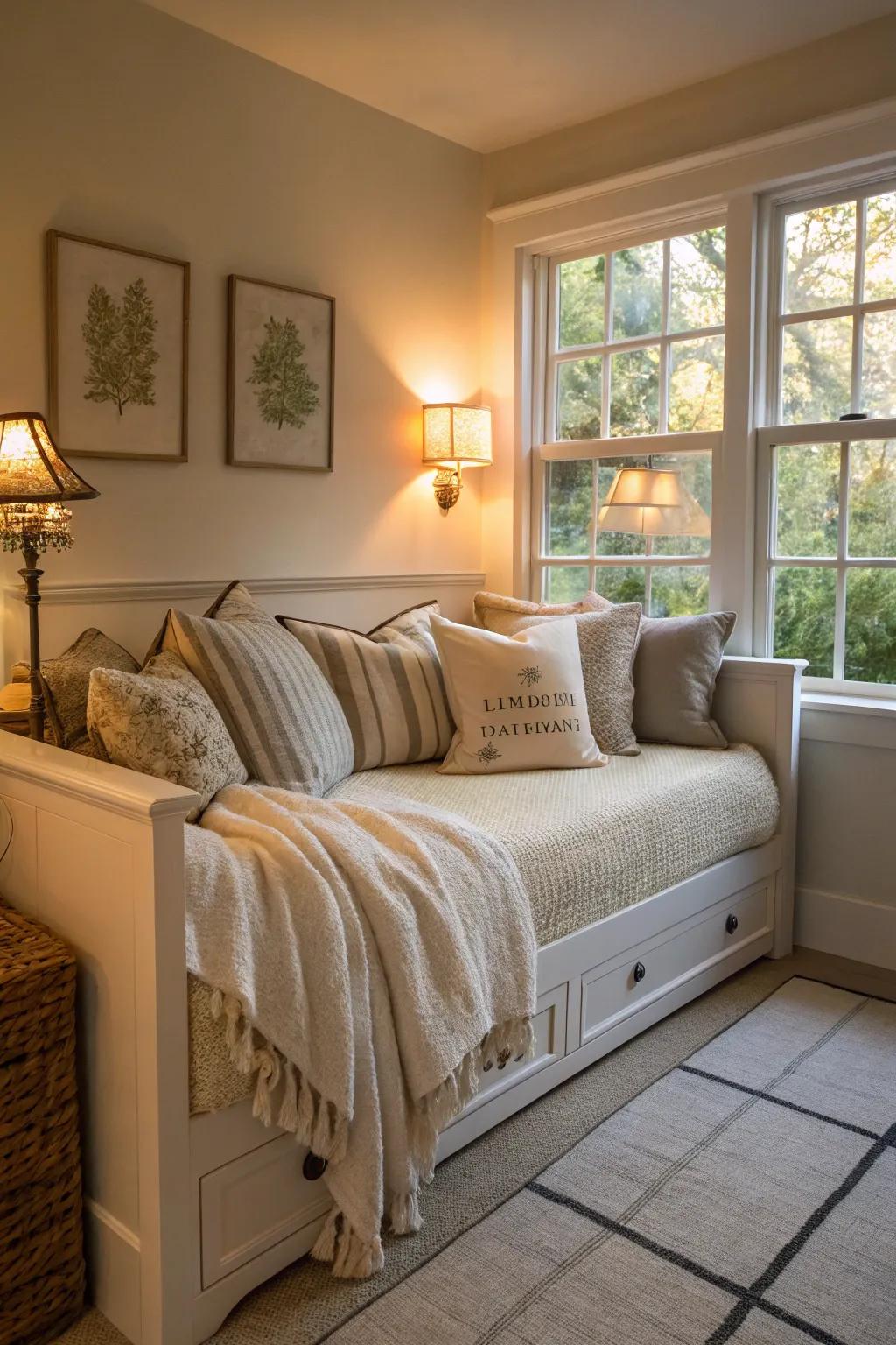 A corner daybed setup with luxurious textiles