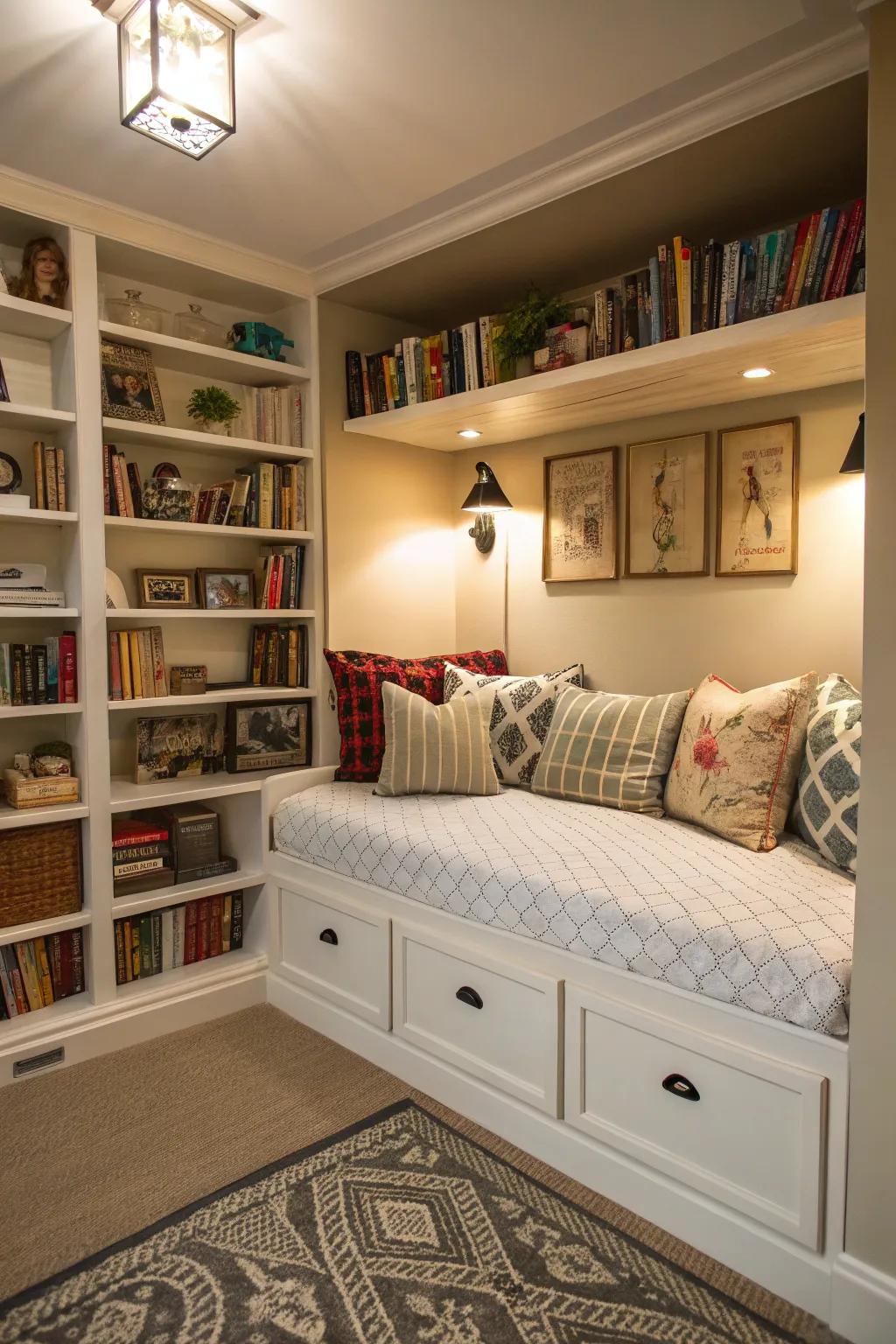 Maximize space with a daybed featuring built-in shelving and storage.