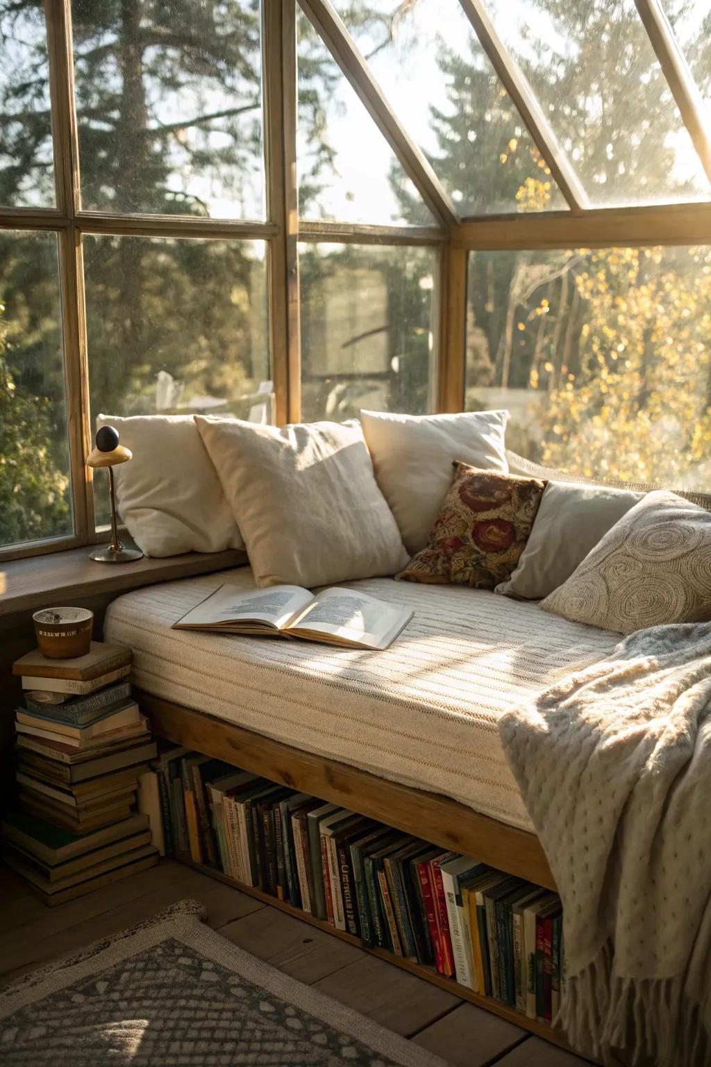 A daybed nestled by the window creates a tranquil reading escape.