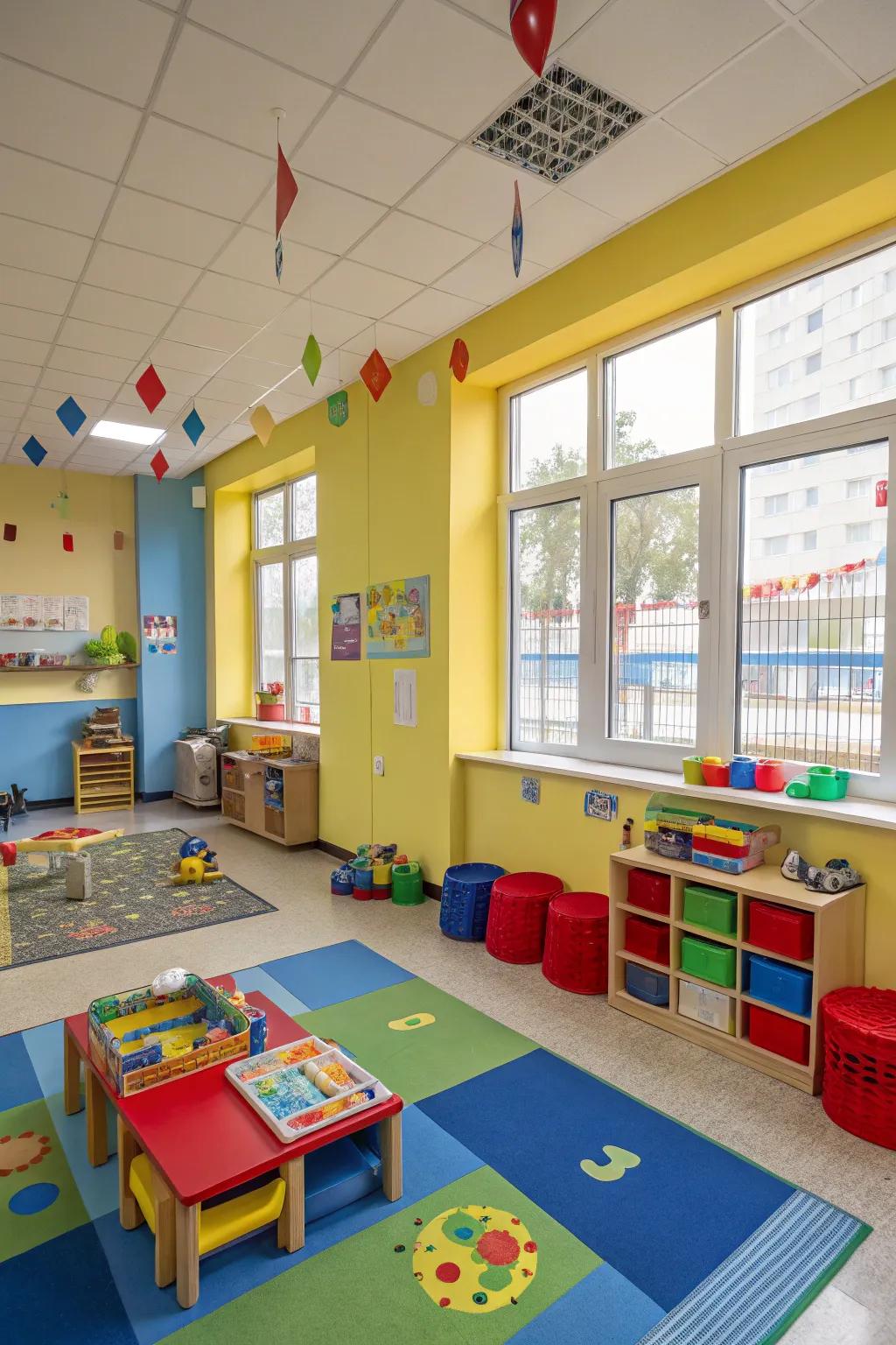 A daycare room with walls painted in bright primary colors and vibrant furniture.