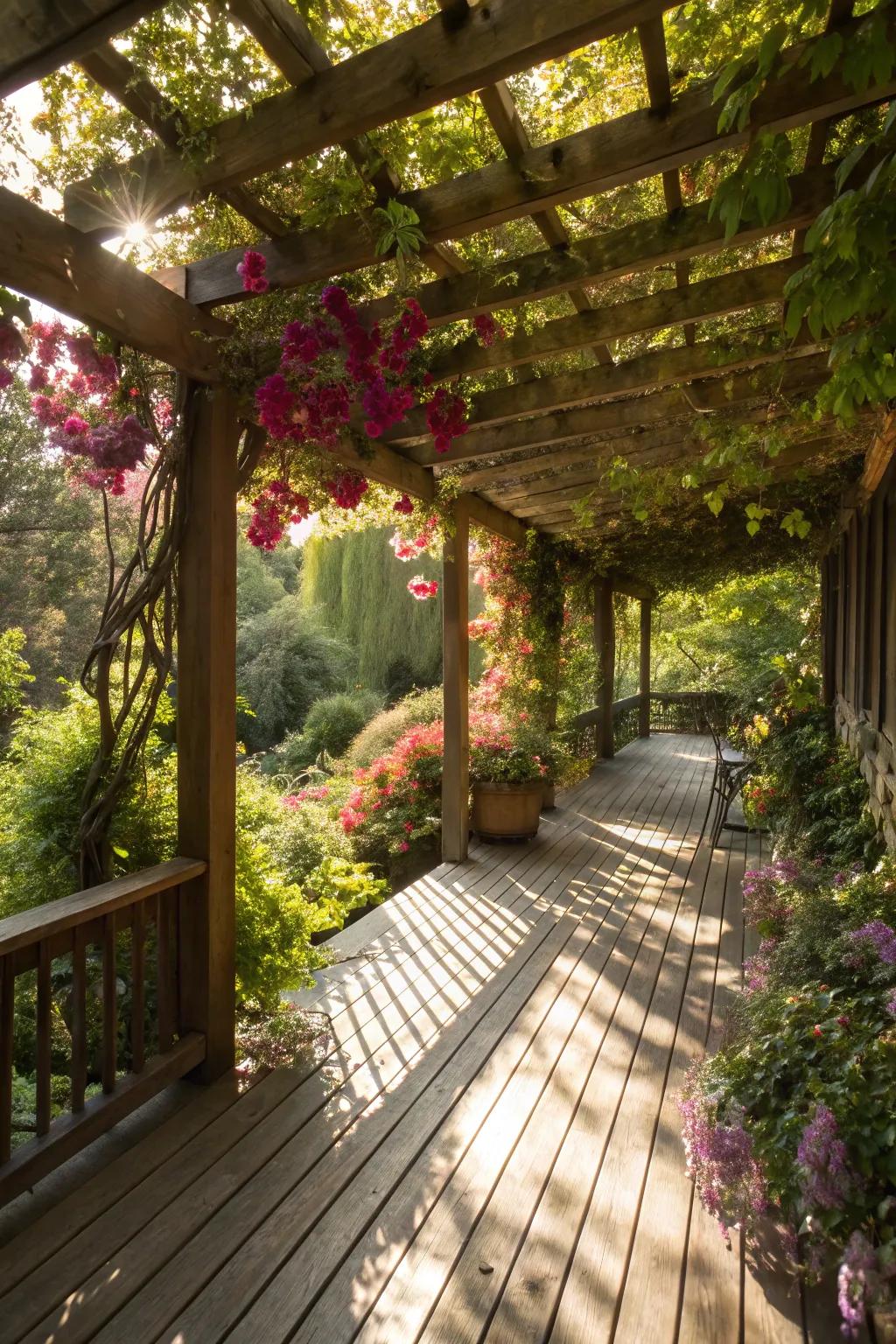 An arbor adorned with twining flora fashions a tranquil and shaded deck space.