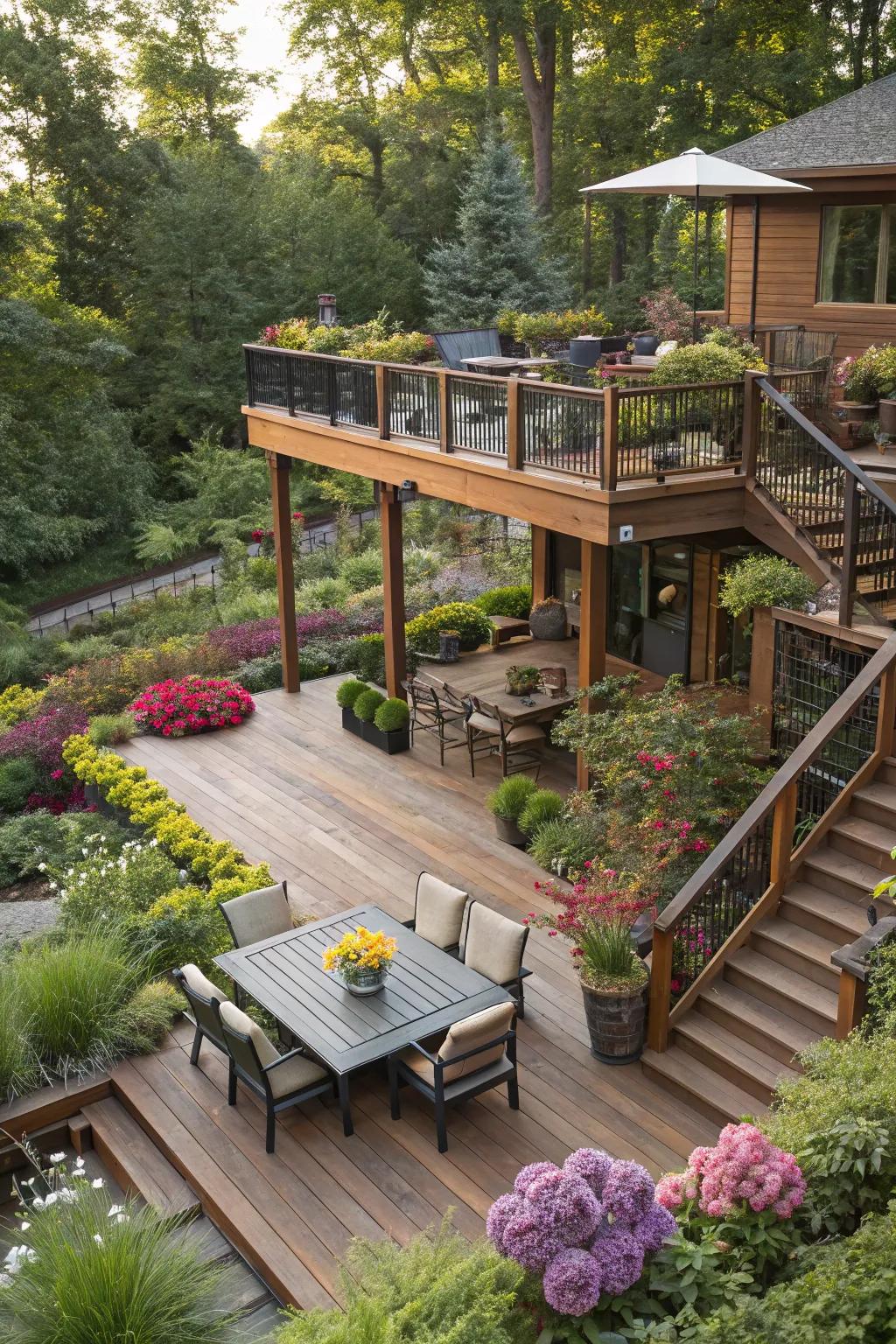 Multi-level decks craft a vibrant and practical outdoor setting.