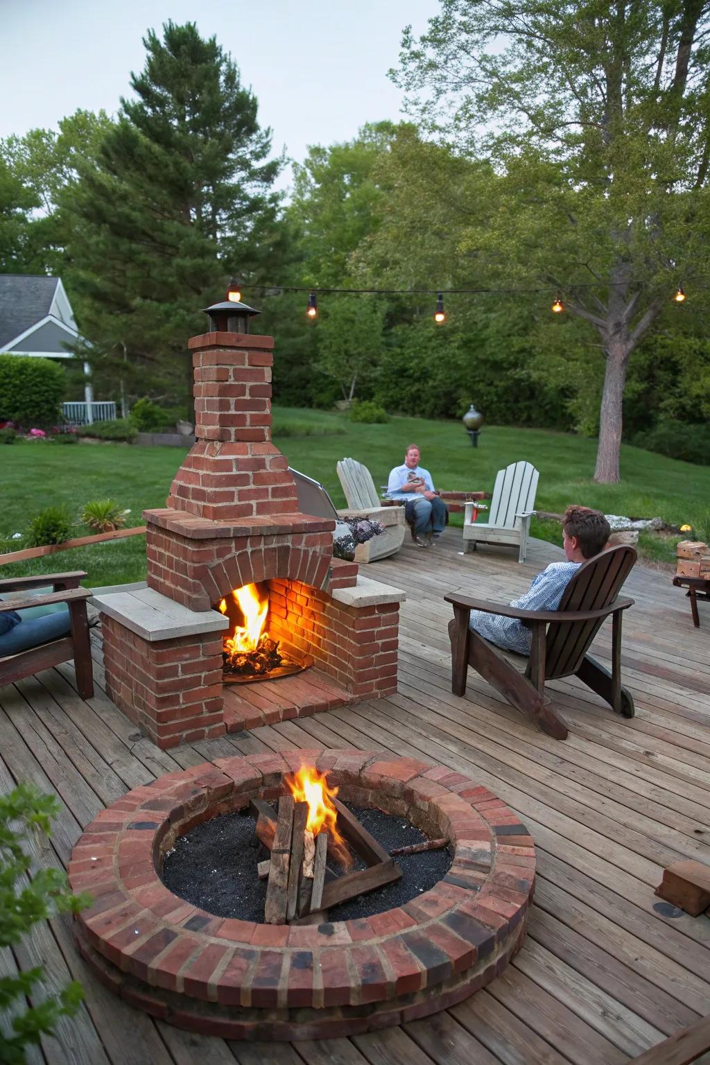 A traditional brick fire pit on a wood patio produces a charming, welcoming ambiance.