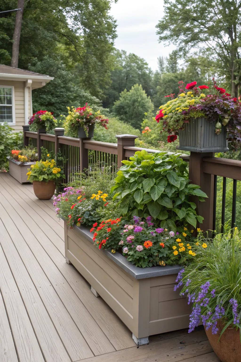 Elevated planters enhance deck spaces with dynamic height and profound depth.
