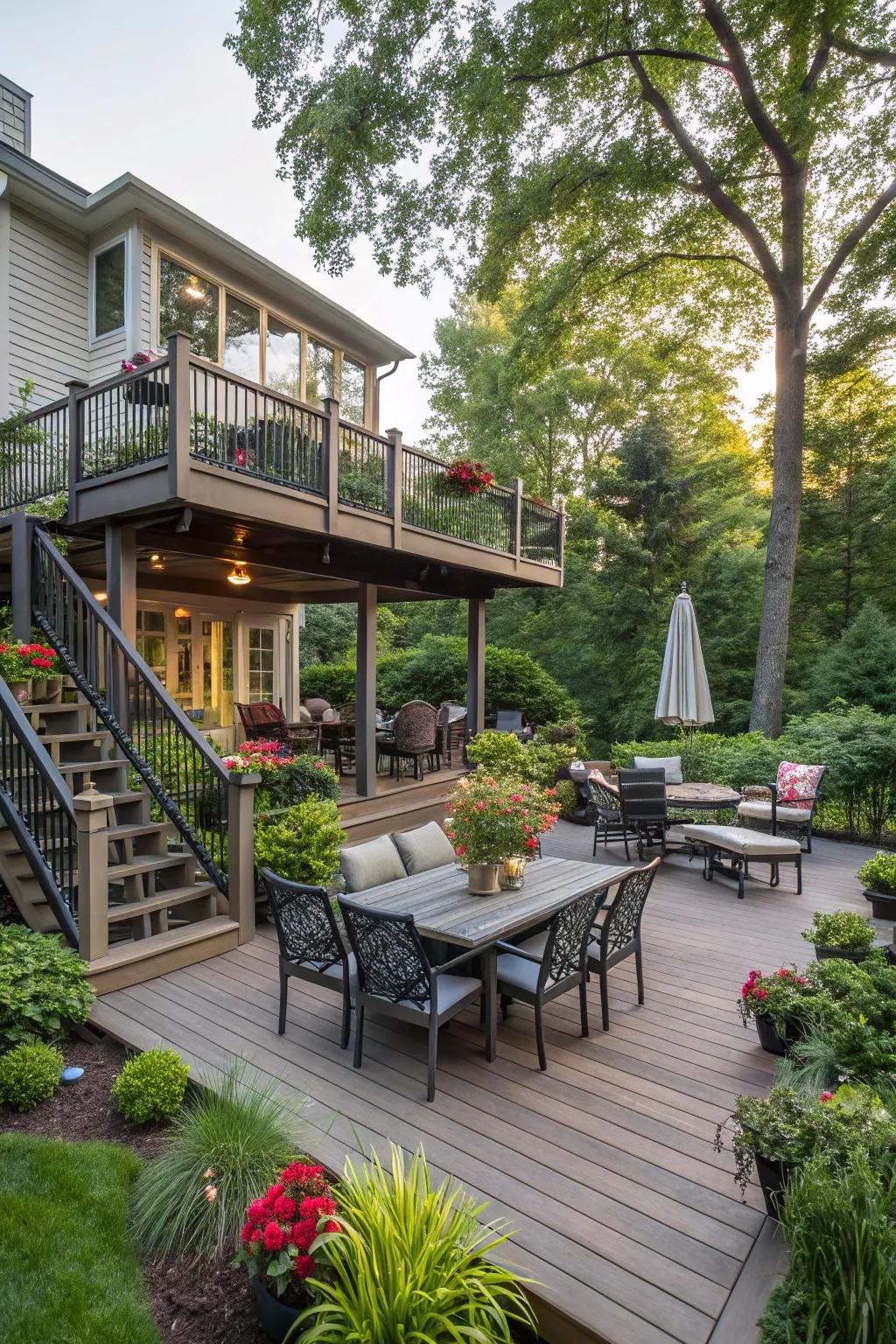 Multilevel decks offer distinct zones for a dynamic outdoor living experience.