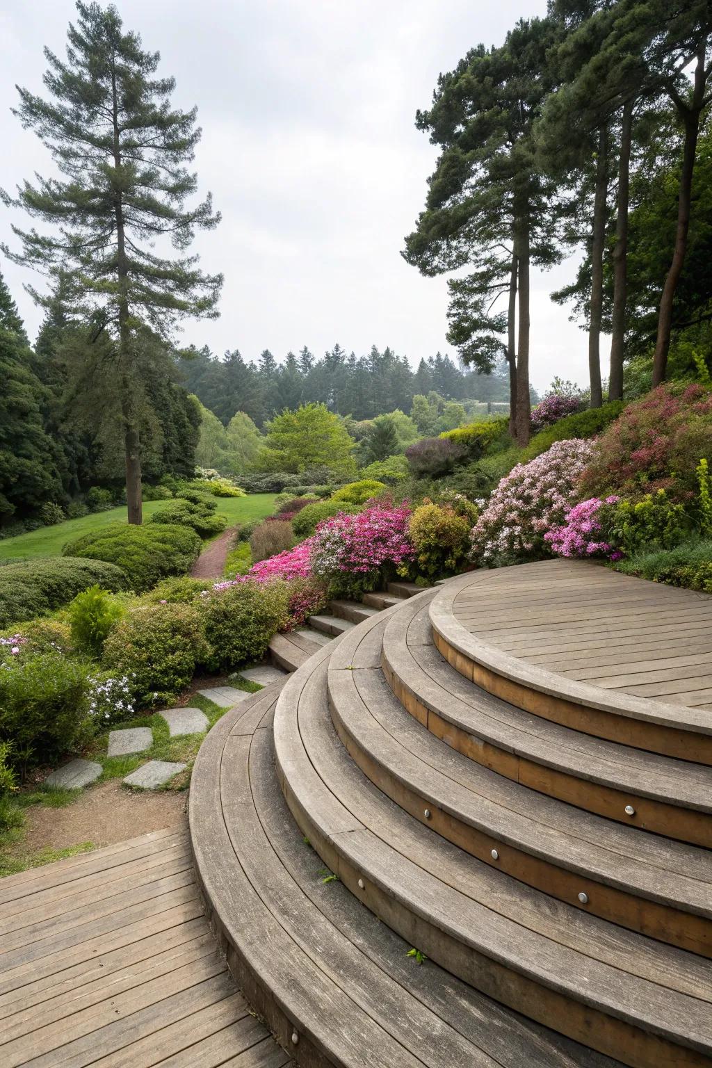 Curved deck steps that integrate with the natural setting