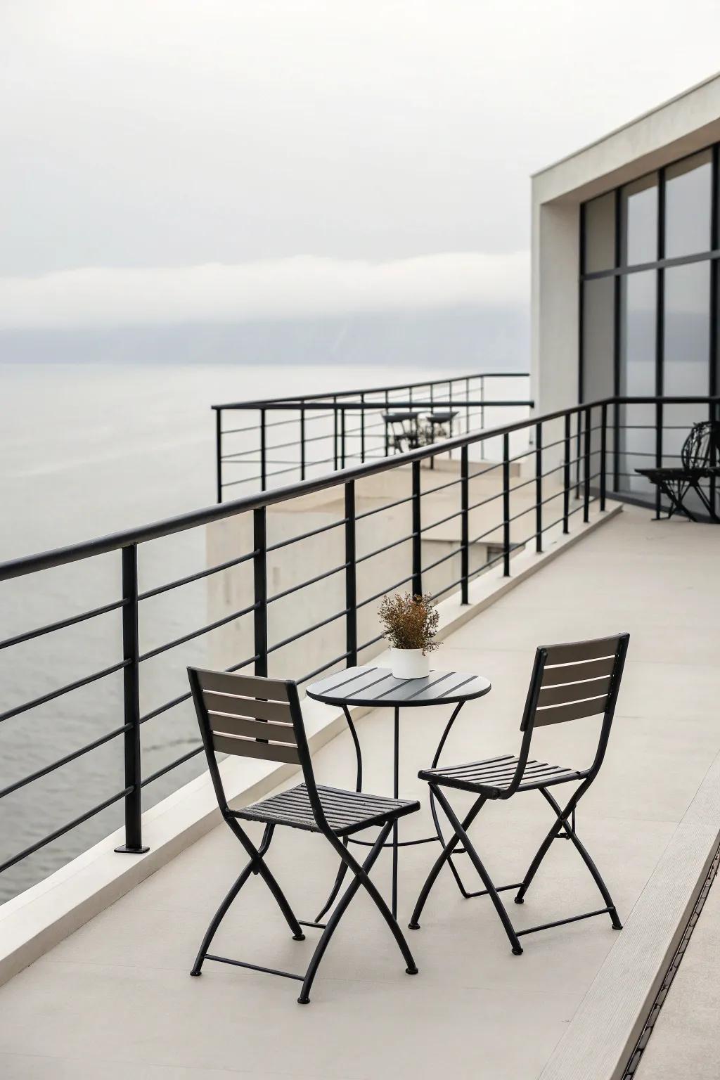 Sleek black railings on a minimalist deck create a modern and elegant look.
