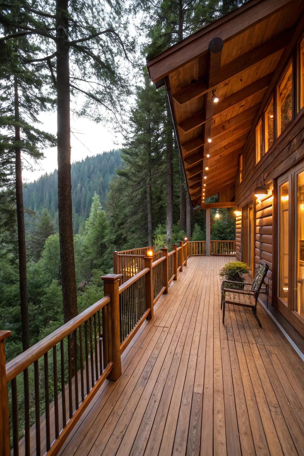 A rustic deck featuring classic wooden balustrades, nestled in a peaceful forest, creating a serene setting.