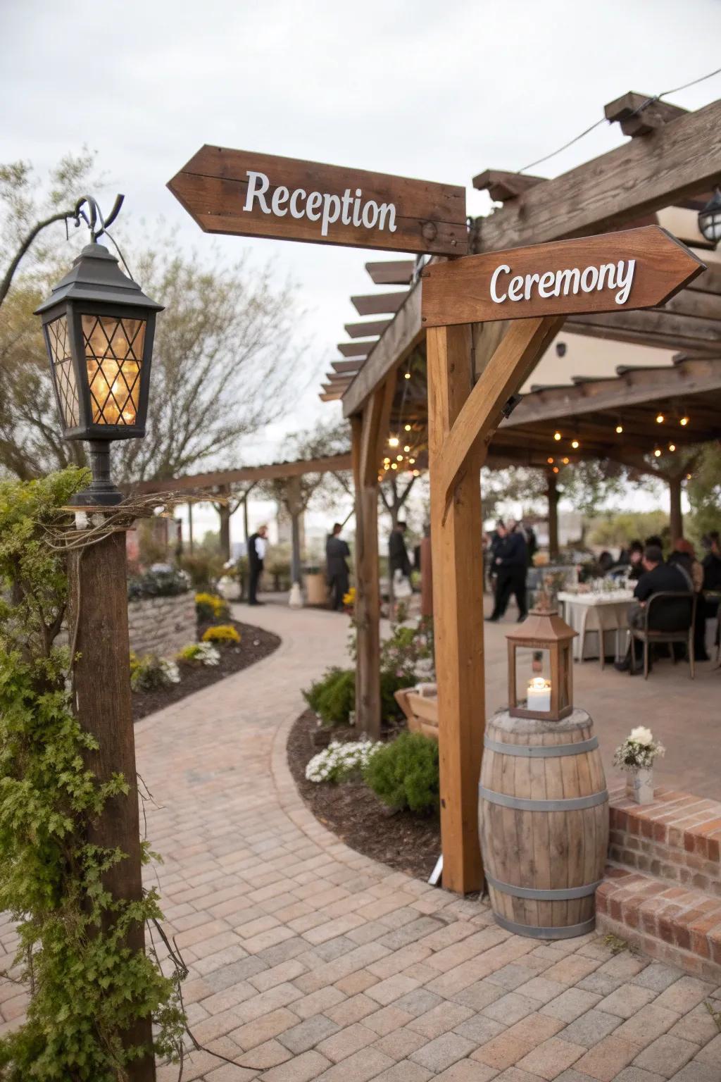 Custom-made timber signs at a countryside wedding location.