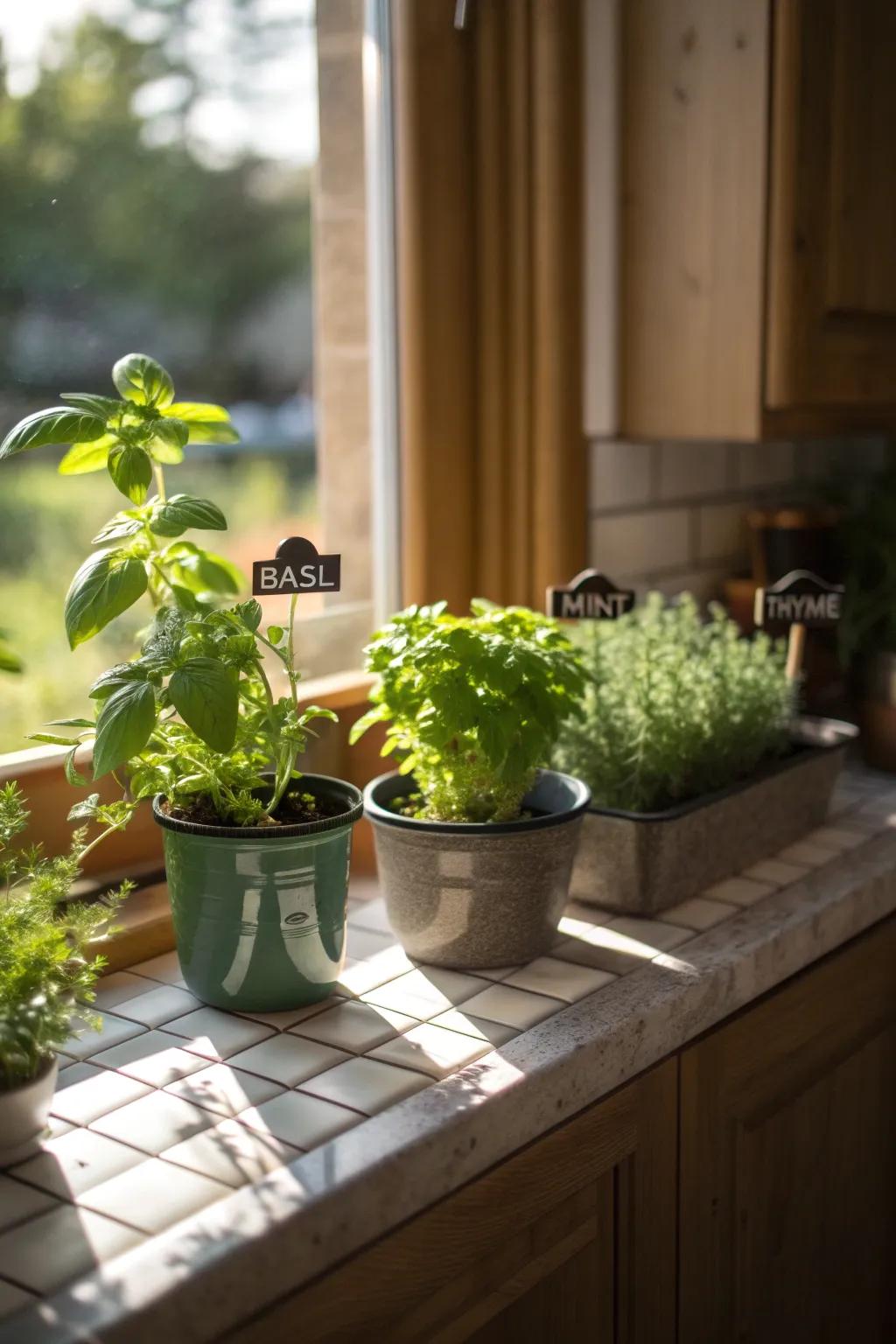 A kitchen windowsill brimming with vibrant herbs and plants.