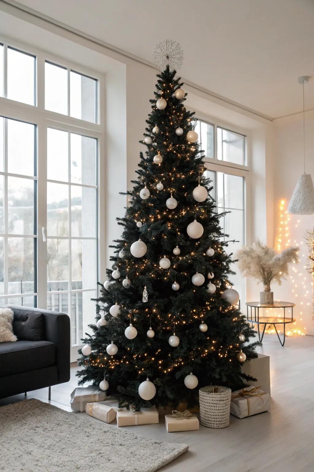 An elegant dark Christmas fir adorned with white decorations.