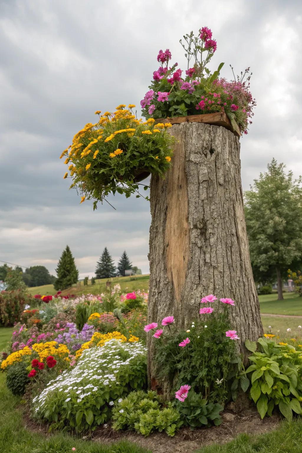 A vibrant tree stump planter injects life and color into any garden setting.