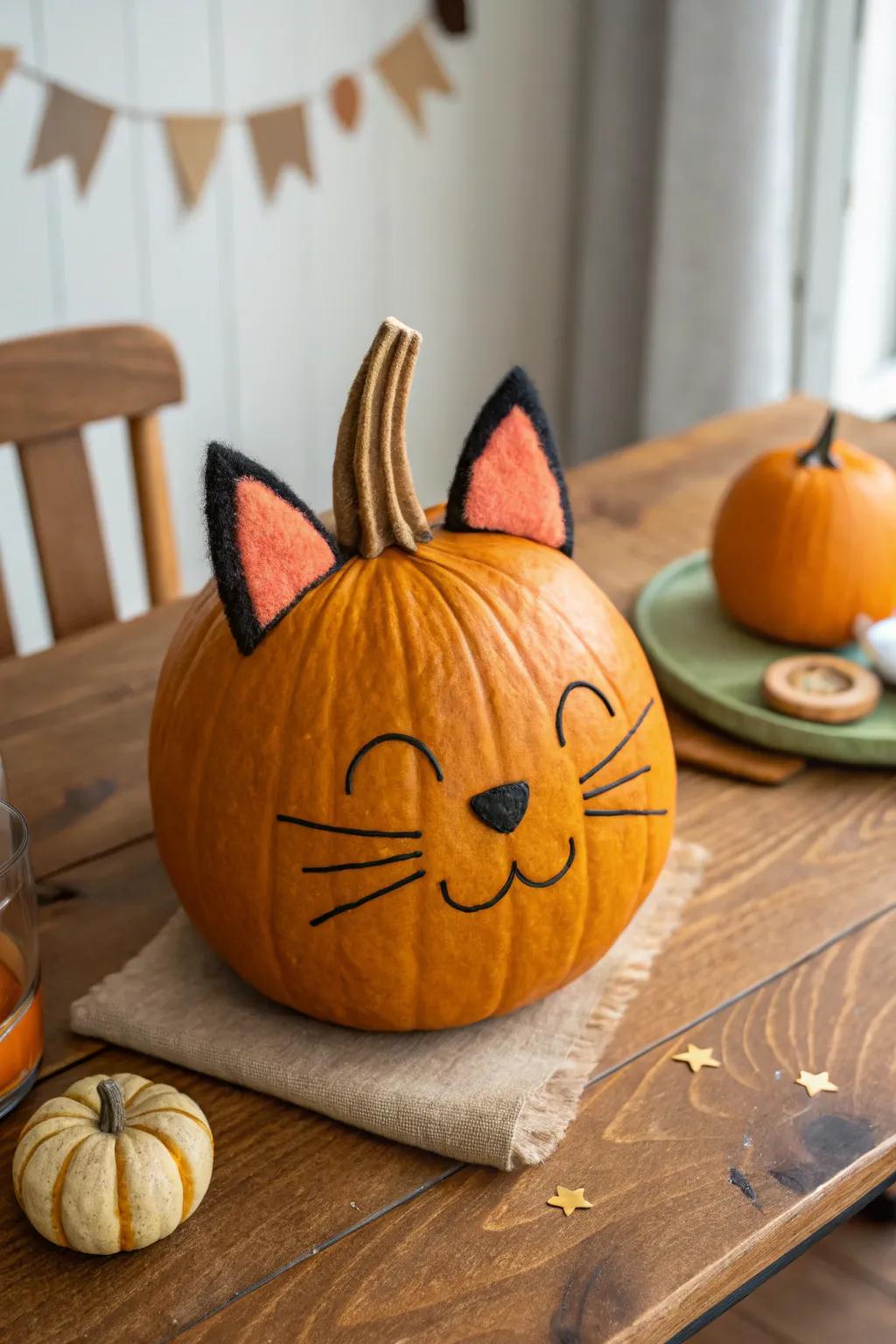 Morph your pumpkin into an adorable feline with minimal felt and paint touches.