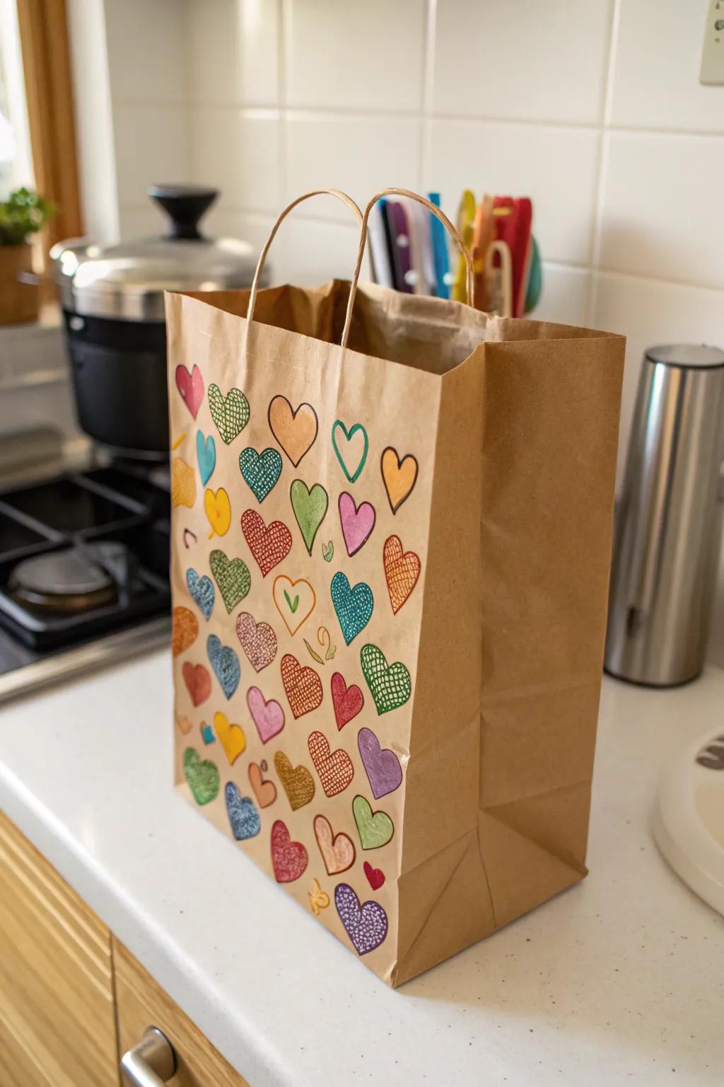 A heart-stamped paper sack, poised to disseminate affection.