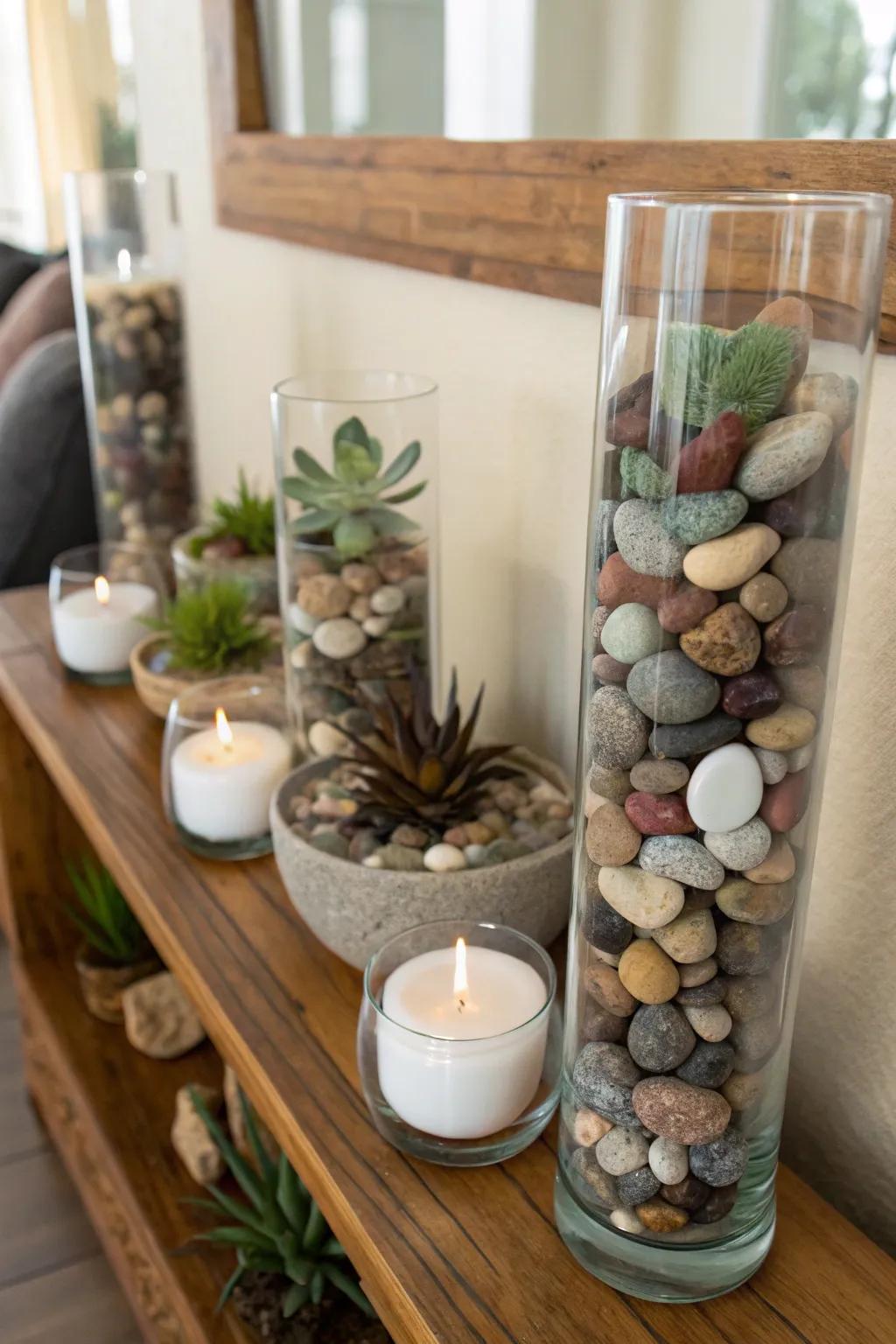 Redesign commonplace glass containers into impressive d&eacute;cor using pebbles and stones.