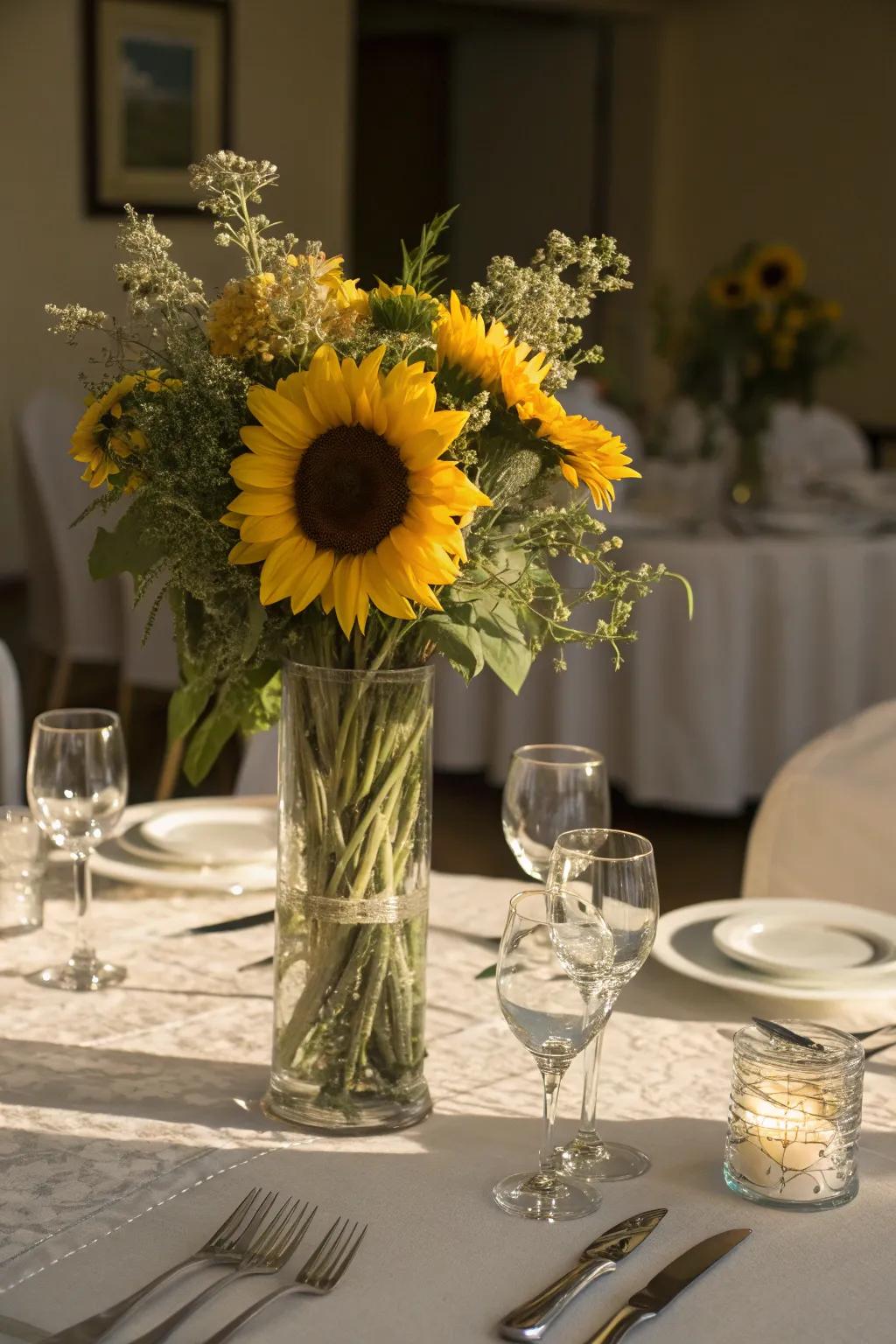 A stunning sunflower centerpiece can become the focal point of any dining room.