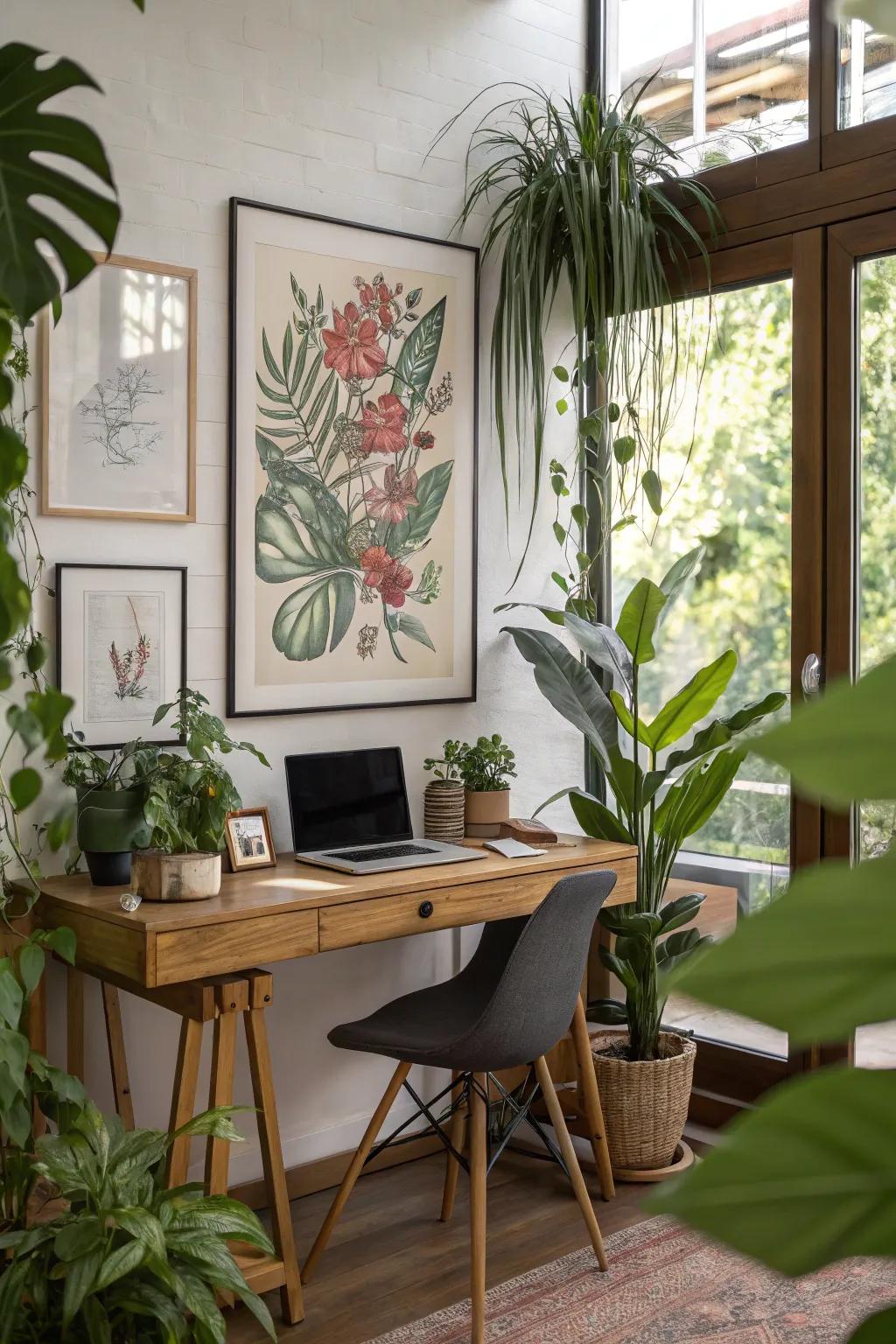 A home office is graced by a framed botanical drawing, blending nature and sophistication.