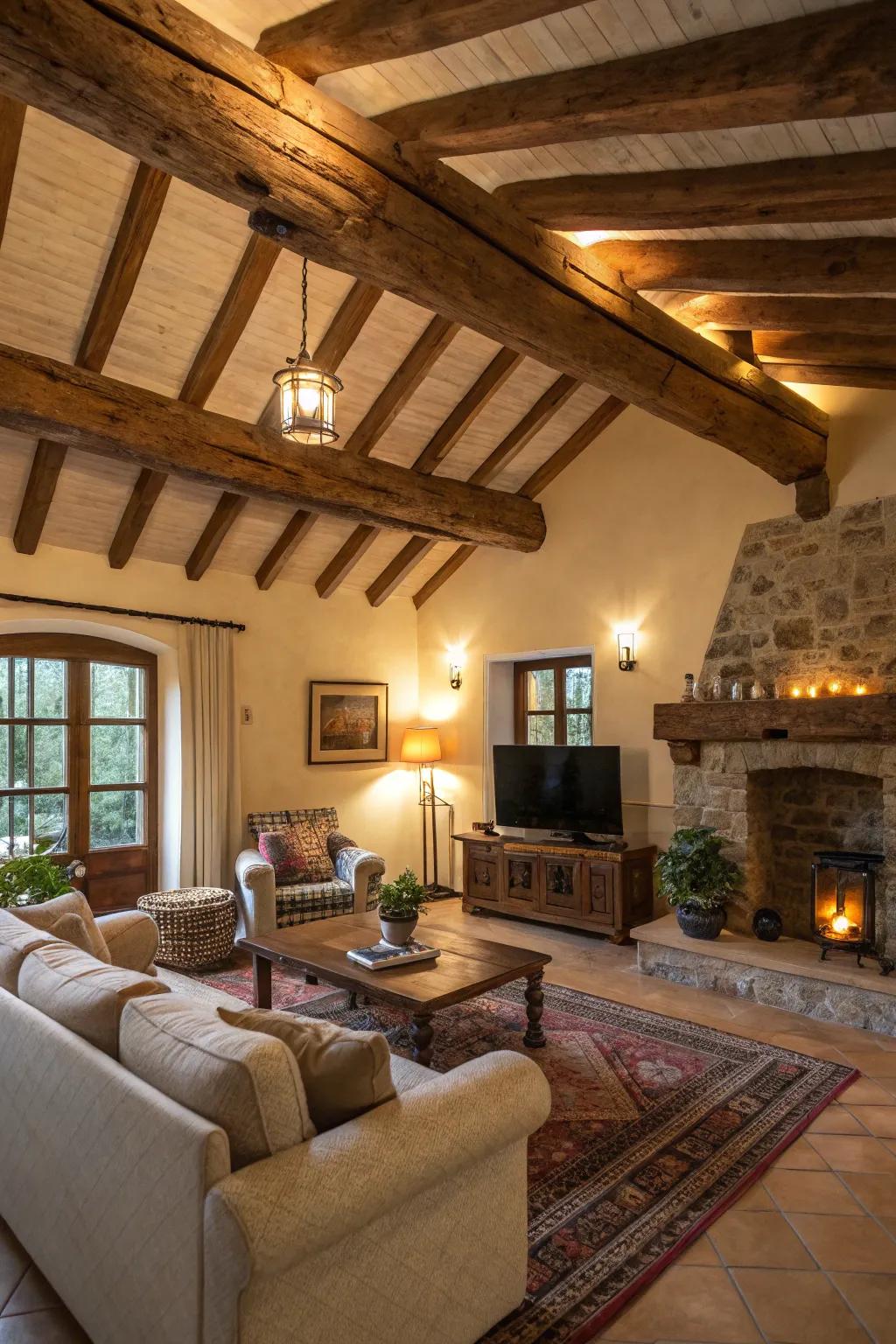 The welcoming living area is infused with warmth and appeal with beams that display a lovely country look.
