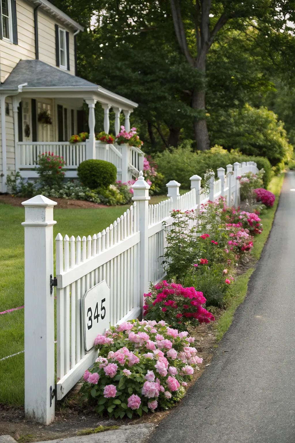 A timeless white decorative railing acts as a delightful driveway marker.