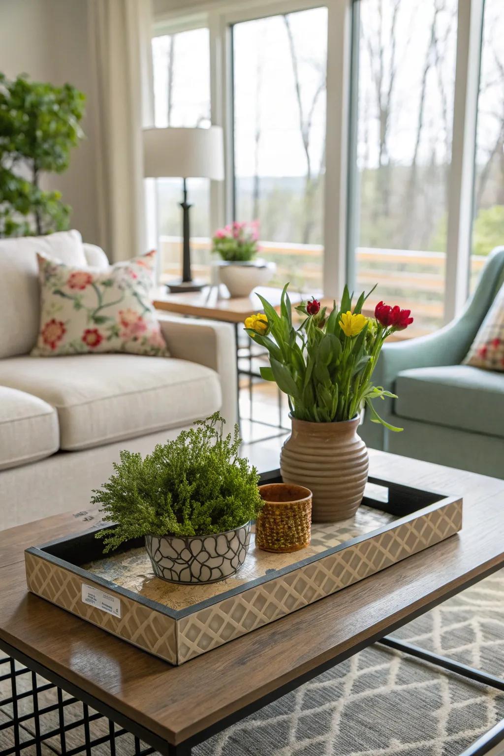A coffee table display showcasing a potted plant alongside a floral arrangement.